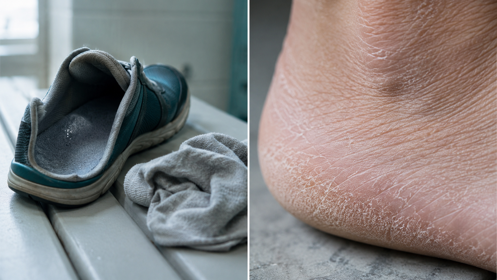 Damp athletic shoe and sock on a bench beside a close-up of dry flaking skin on the side of a foot with athlete's foot.