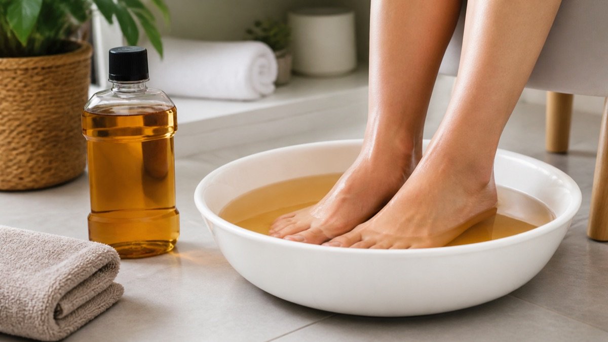 A person soaks their feet in a white basin of amber Listerine foot soak, a home remedy some try for toenail fungus.