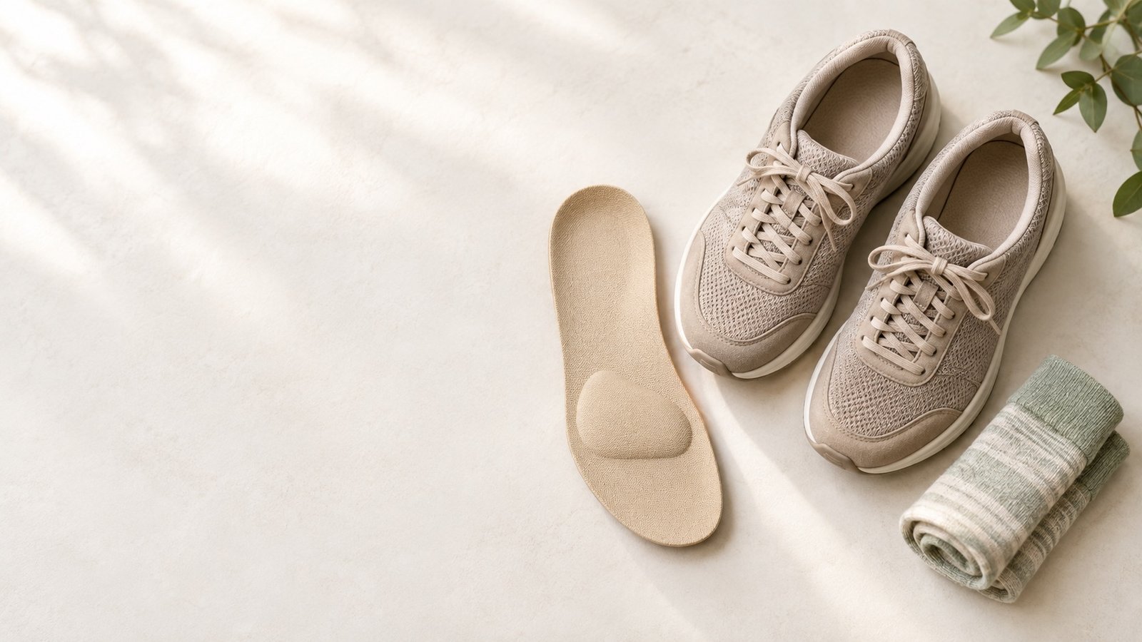 Flat-lay of supportive shoes, a metatarsal pad, and socks — easing ball of foot pain (metatarsalgia).