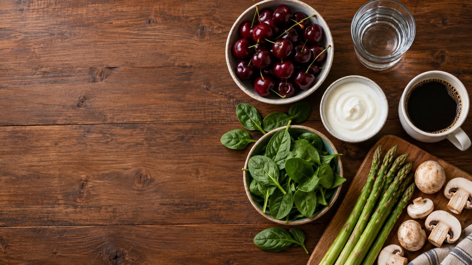 A bowl of cherries, black coffee, low-fat yogurt, a glass of water, and fresh vegetables on a wooden kitchen table.