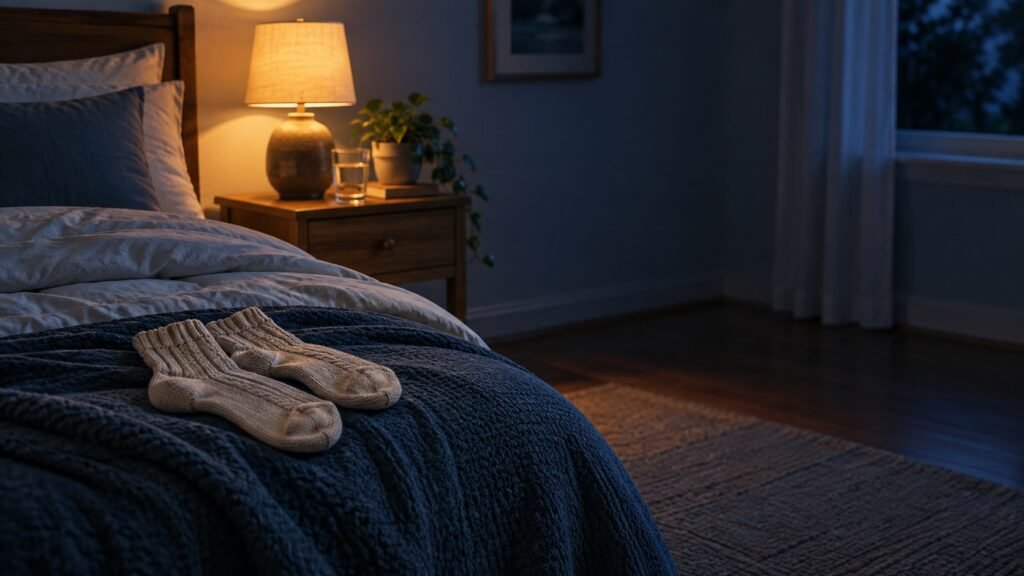 Wool socks resting on a dark knit blanket in a dim bedroom, with a glowing bedside lamp, a glass of water, and a potted plant.