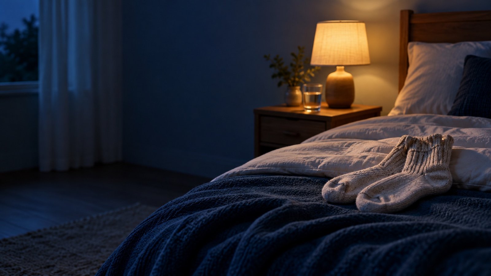 A pair of knit socks on a navy blanket at the foot of a bed at night, with a lamp and a glass of water on the nightstand.