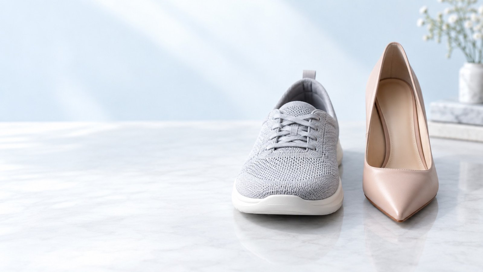 A roomy wide-toe-box shoe next to a narrow high-heeled shoe — footwear and Morton's neuroma.