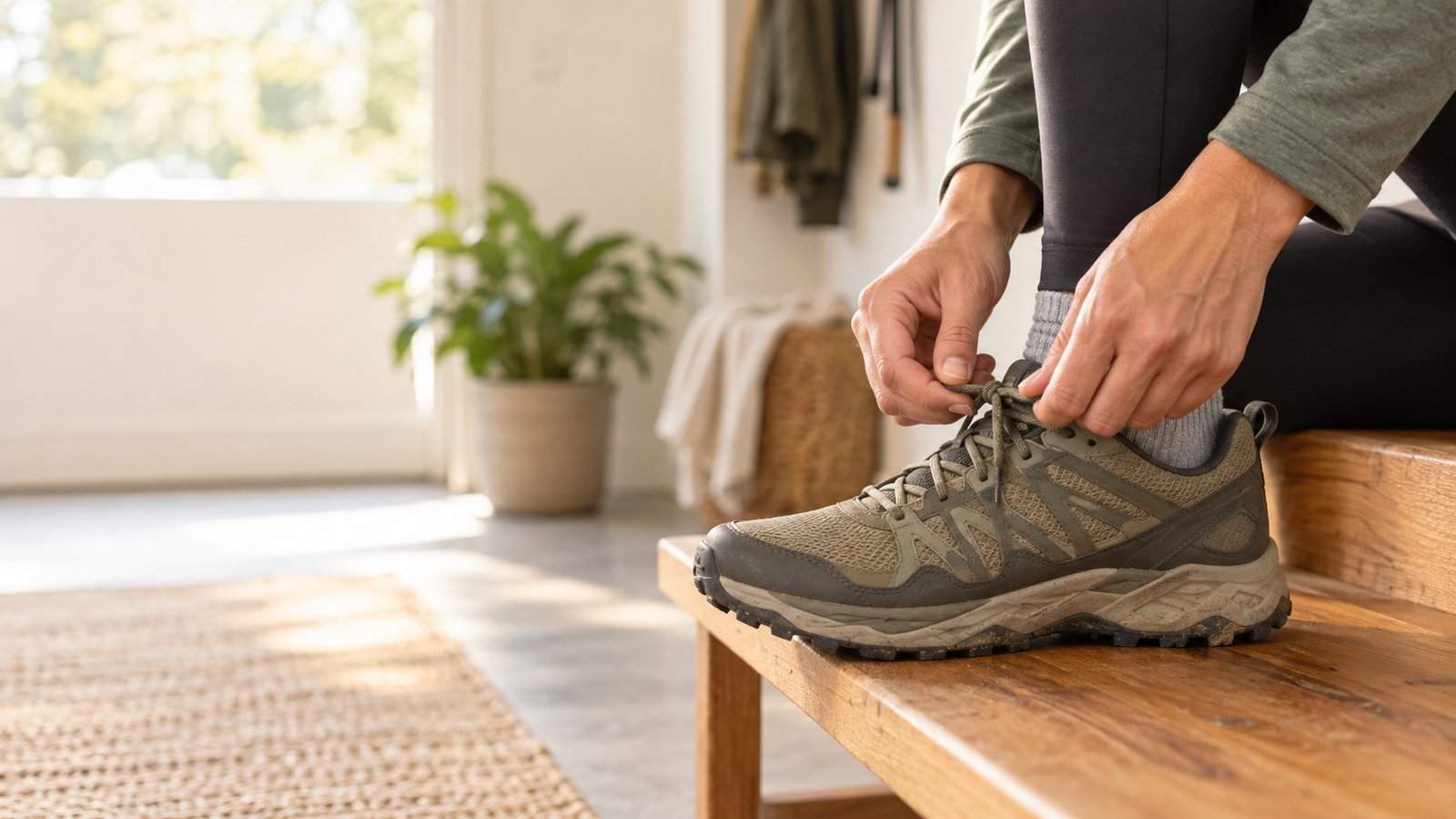 Hands lacing a running shoe on a bench — what causes pain on the outside of the foot.