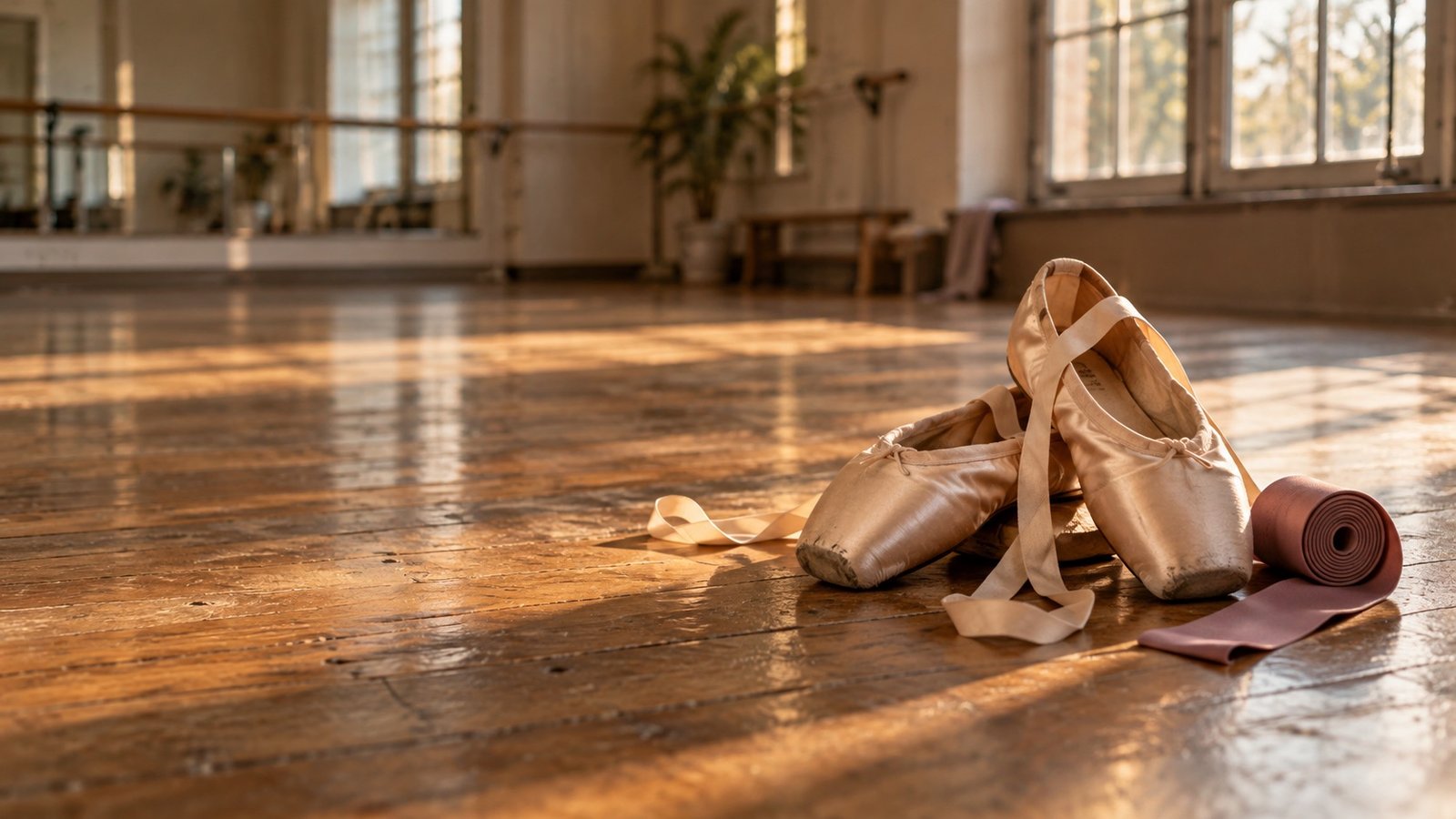Ballet pointe shoes and a resistance band on a studio floor — sesamoiditis, pain under the big toe.
