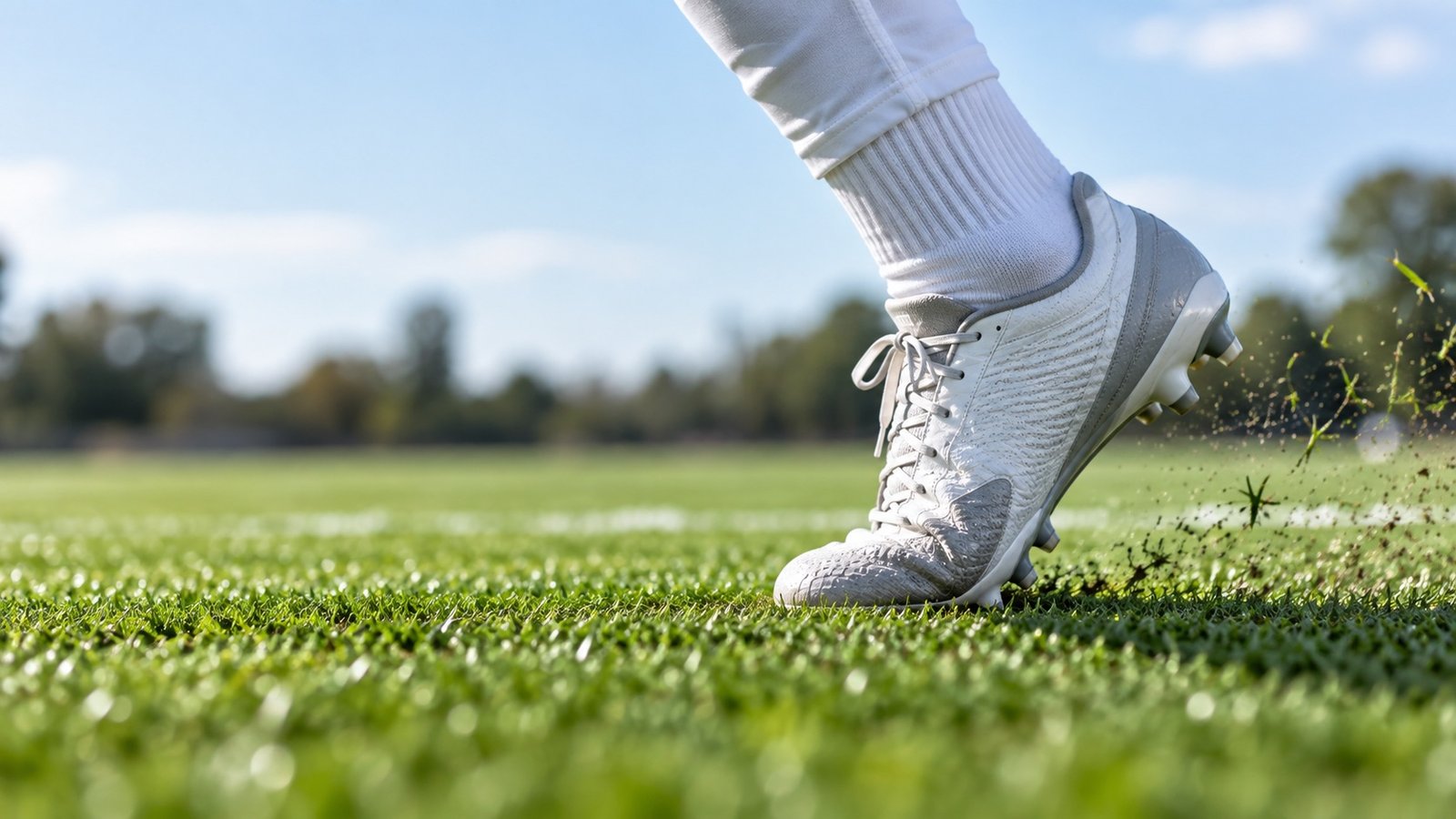 An athlete's cleated shoe pushing off on a sports field — how turf toe happens.