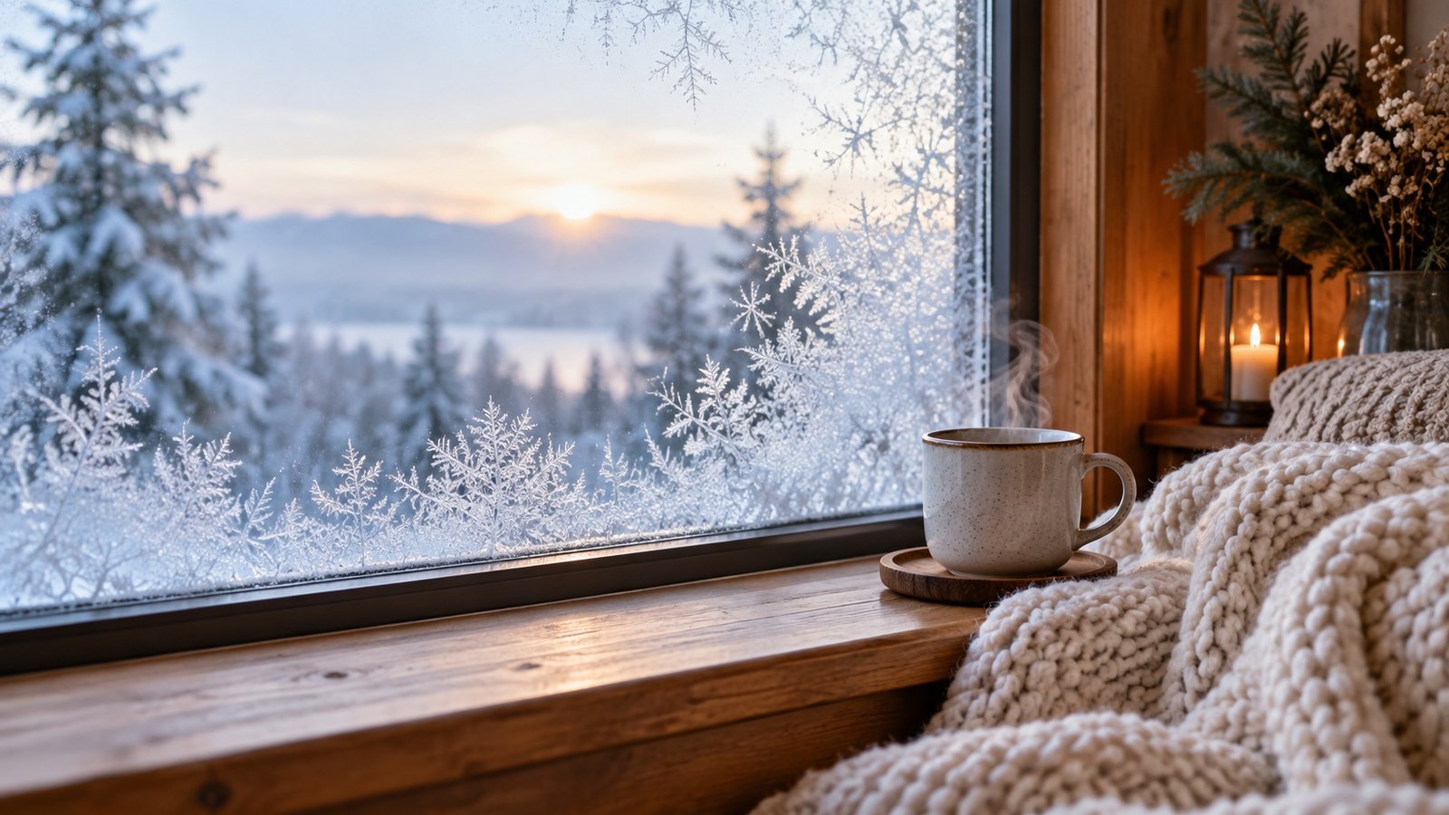A steaming mug on a wooden window sill beside a chunky knit blanket, with frost on the glass and a snowy forest outside.