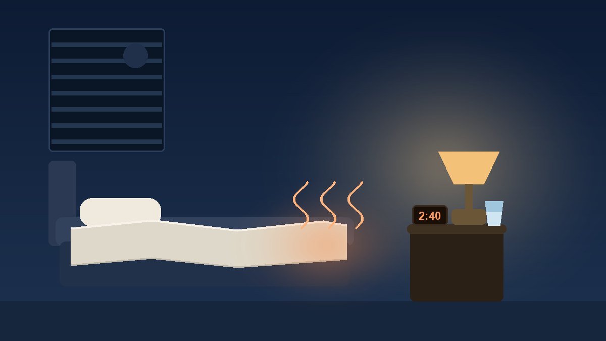 A dark bedroom at night with a bedside lamp switched on, a clock reading 2:40 and warm heat rising at the foot of the bed.